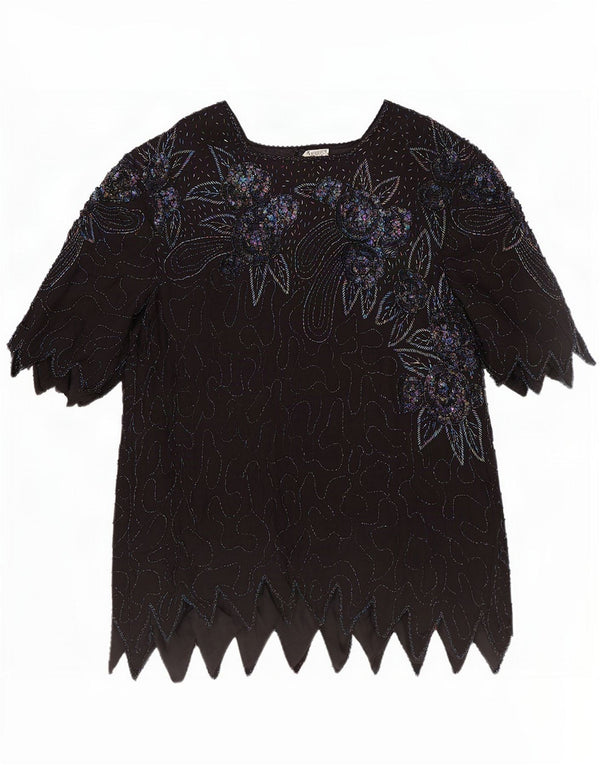 Camicetta da sera vintage da donna Top UK 18 XL Seta floreale nera