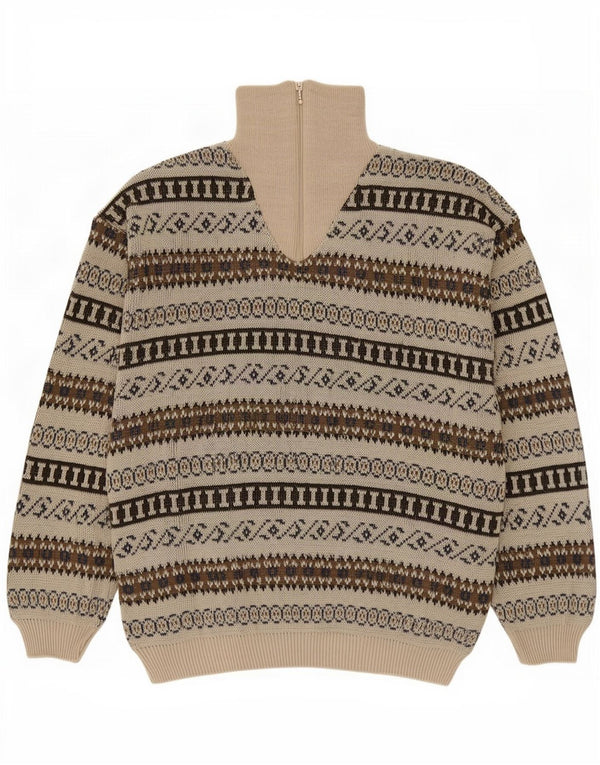 Maglione vintage da uomo con zip e collo IT 54 XL Acrilico geometrico beige