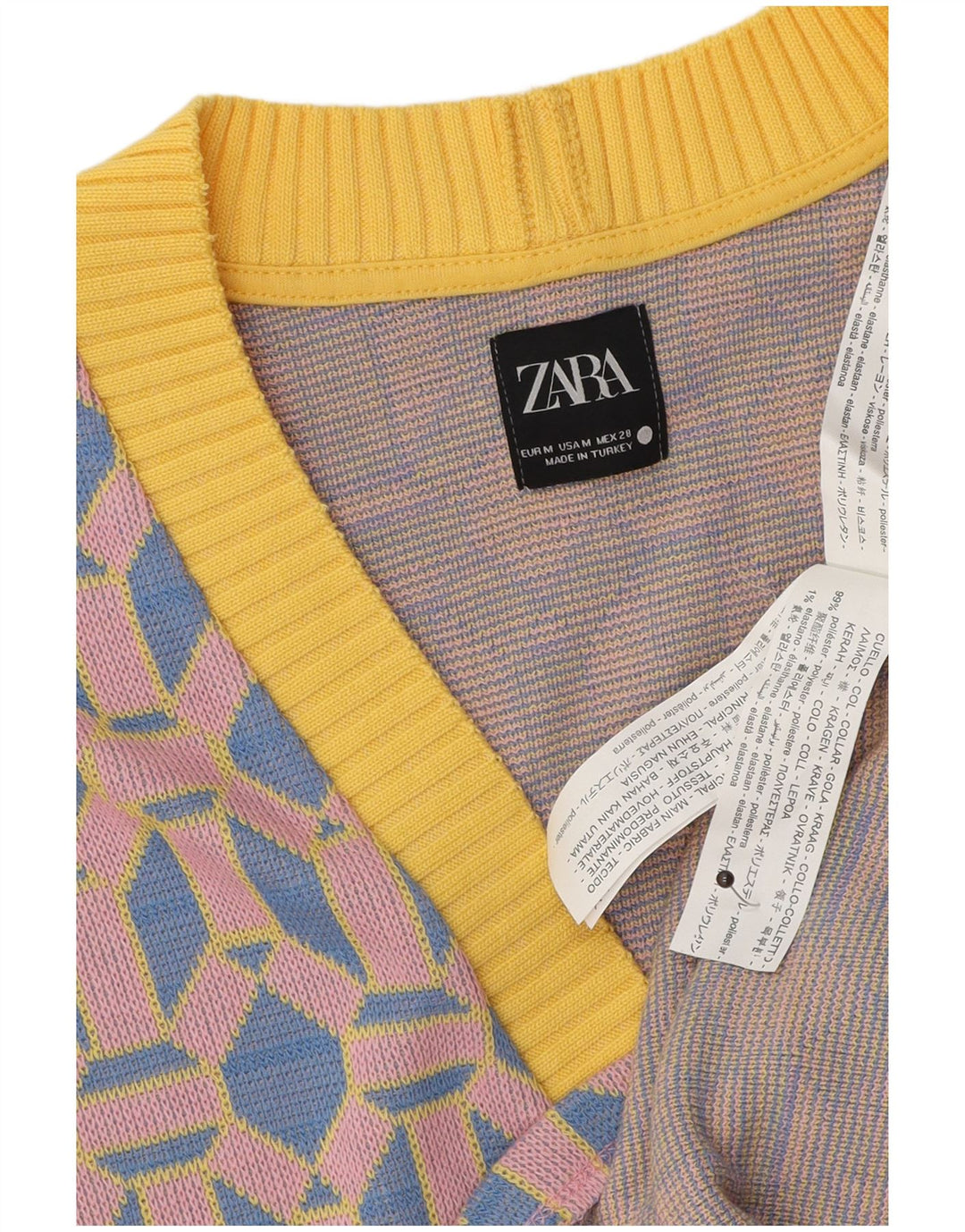 Maglione cardigan senza maniche da donna Zara UK 14 Blu medio geometrico