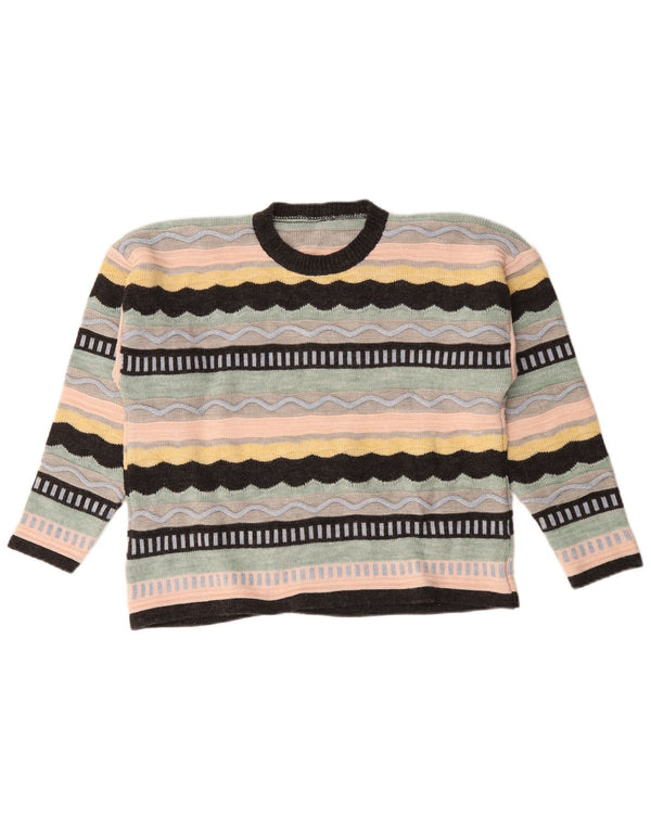 Maglione maglione girocollo da donna vintage UK 18 XL a righe multicolori