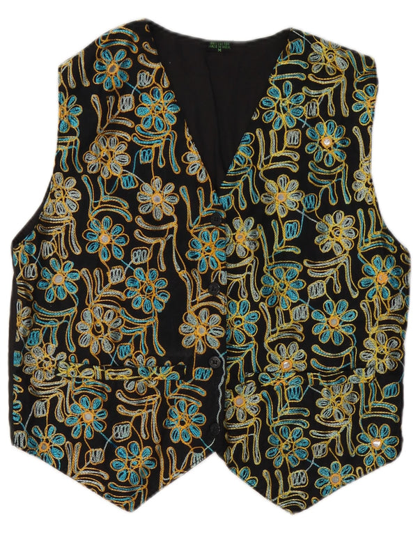 VINTAGE Womens Waistcoat UK 14 Medium Black Floral Cotton