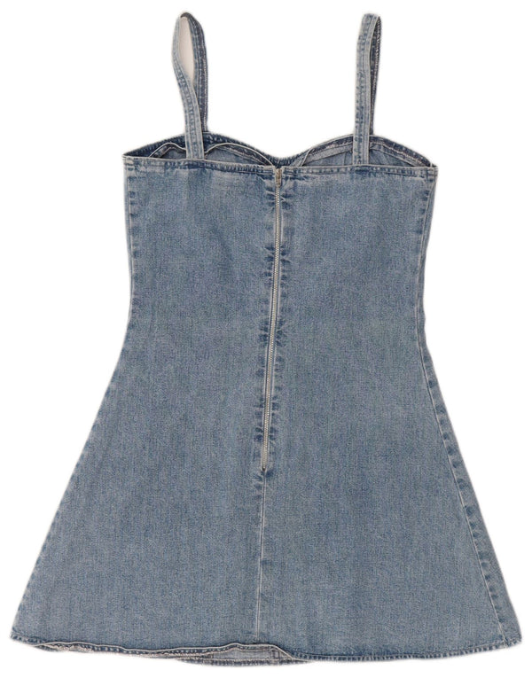 Mini abito in denim vintage da donna senza maniche UK 12 Cotone blu medio