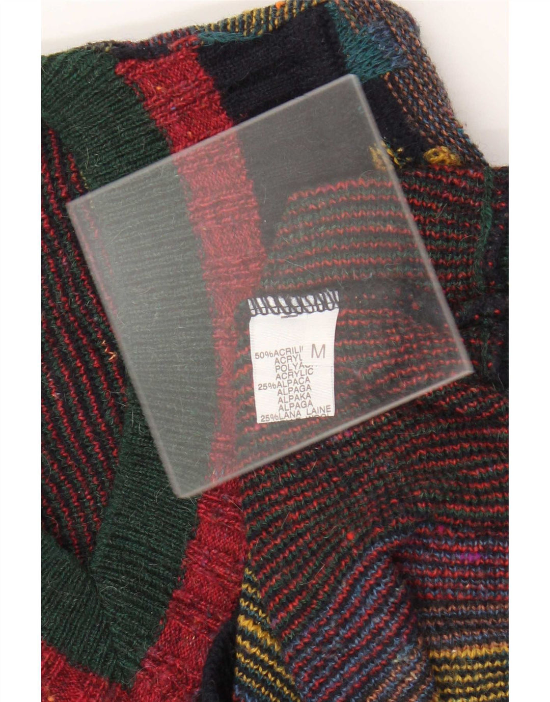 Maglione vintage da uomo con scollo a V, acrilico geometrico multicolore medio