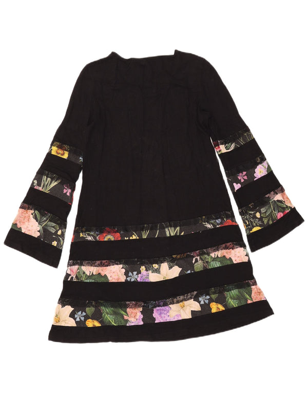 Desigual Abito da donna a maniche lunghe a linea A UK 10 Piccolo nero floreale