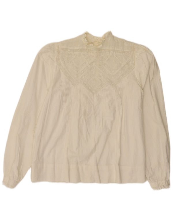 Top camicetta a maniche lunghe da donna vintage UK 14 floreale bianco medio