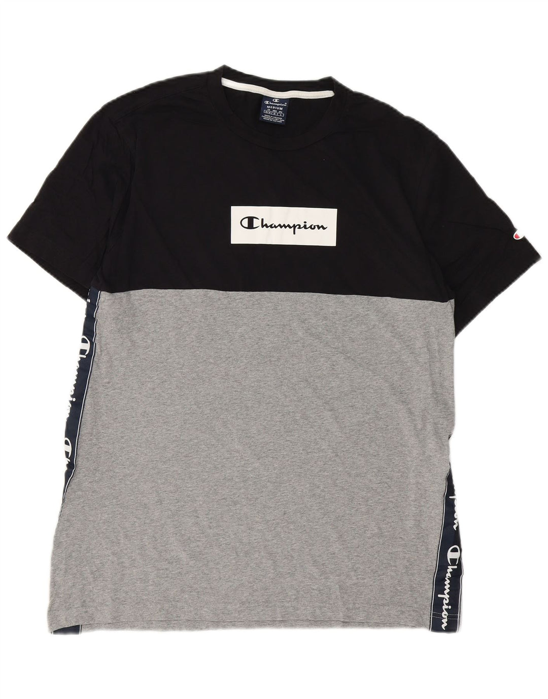 CHAMPION Mens Graphic T-Shirt Top Medium Black Colourblock Cotton