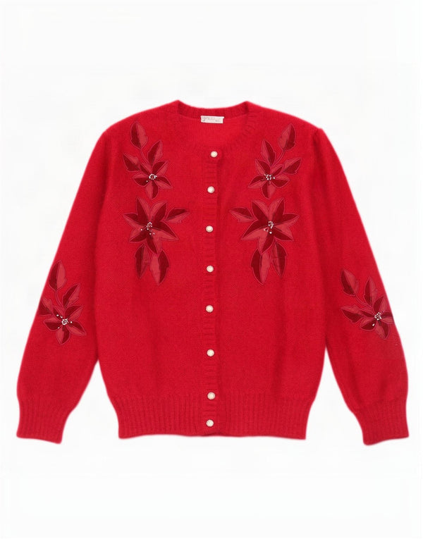 Maglione cardigan da donna vintage UK 16 grande floreale rosso
