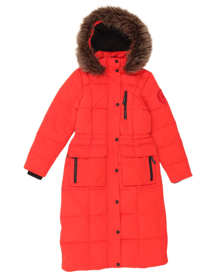 Cappotto imbottito con cappuccio da donna Superdry UK 8 piccolo poliestere rosso