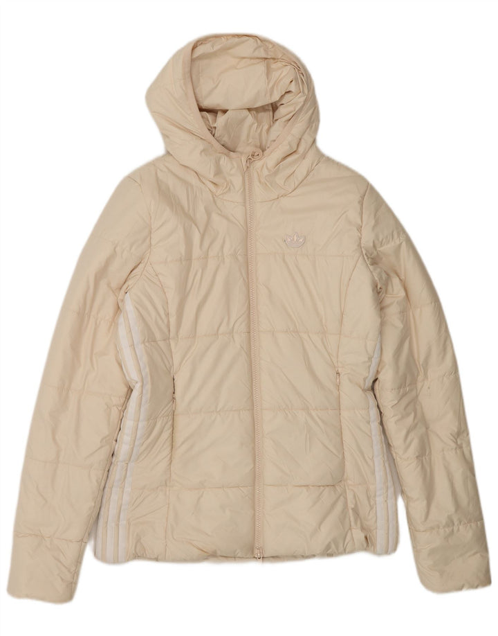Giacca imbottita con cappuccio da donna Adidas UK 10 Small Beige Colourblock Poliestere