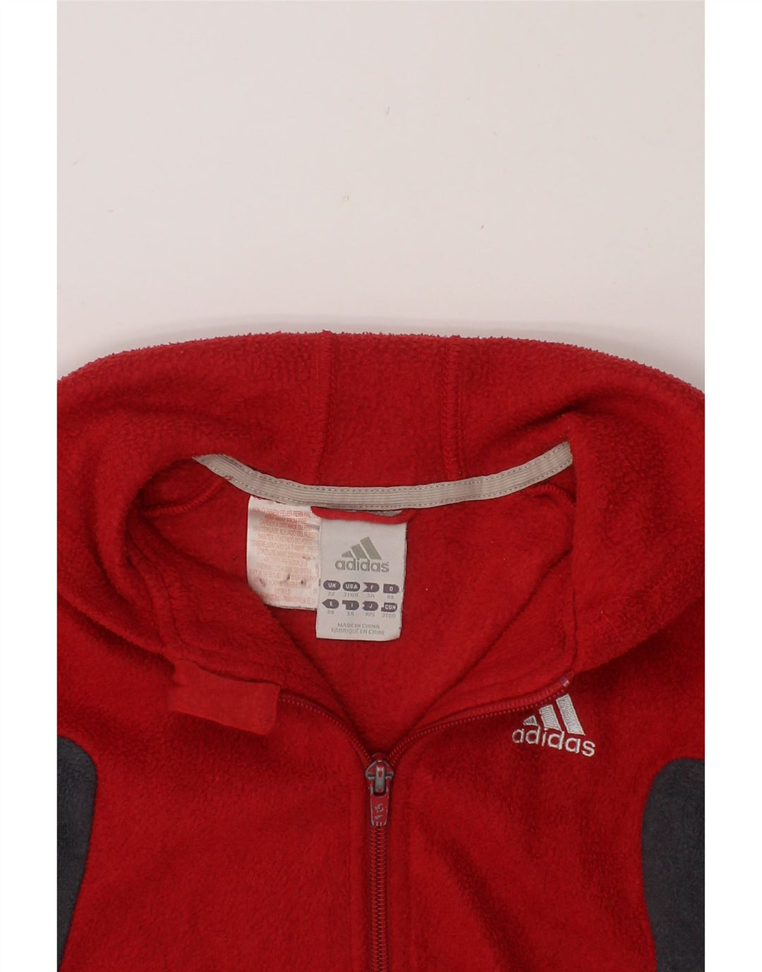 ADIDAS Girls Hooded Fleece Jacket 2-3 Years Red Colourblock Polyester Vintage Adidas and Second-Hand Adidas from Messina Hembry 