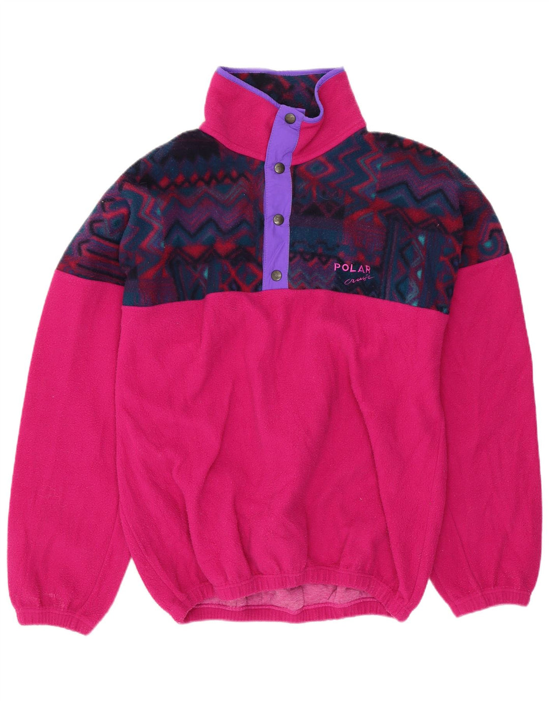 Maglione in pile da uomo vintage con collo a bottoni, piccolo cotone geometrico rosa