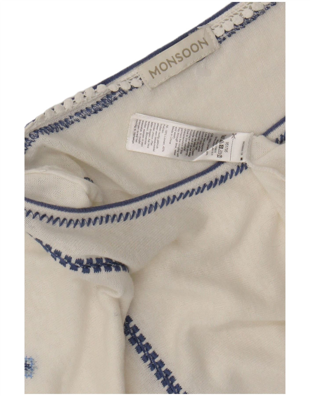 MONSOON Camicetta da donna Top UK 16 Grande lino floreale bianco sporco