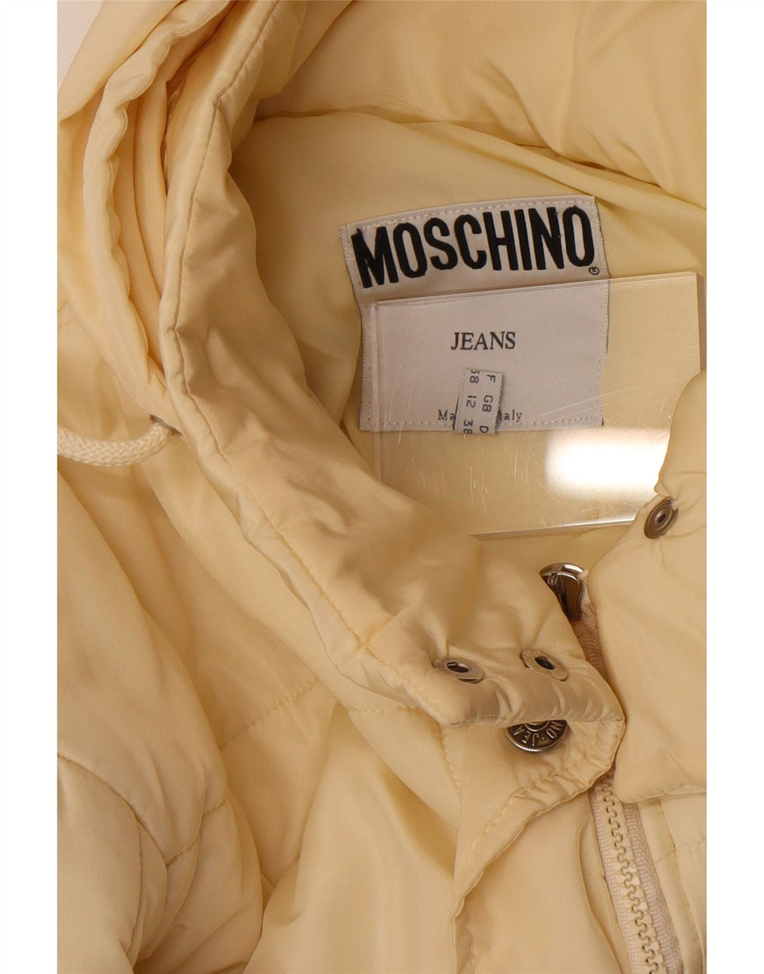 Cappotto imbottito con cappuccio da donna Moschino UK 12 medio poliestere bianco sporco