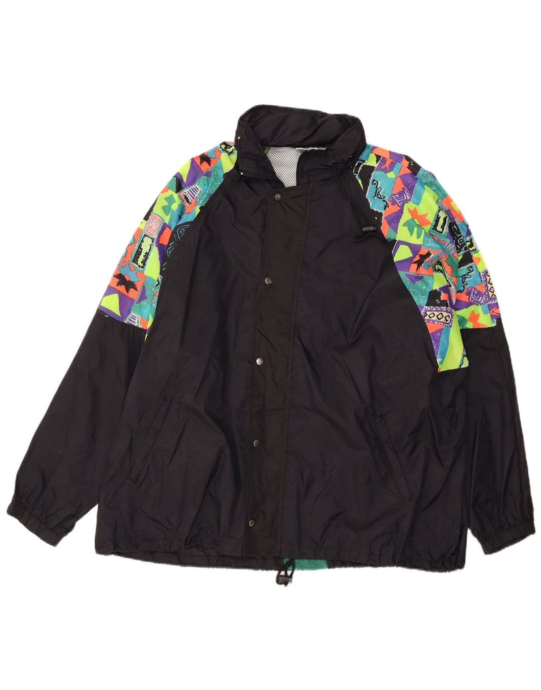 Giacca antipioggia con cappuccio da uomo VINTAGE UK 44 2XL Nero geometrico