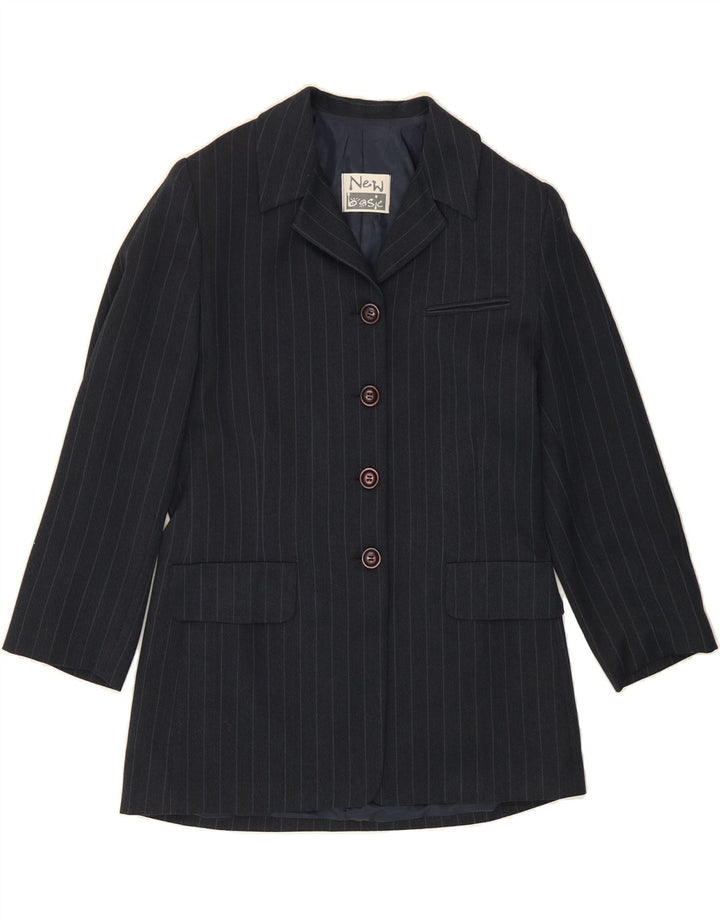 VINTAGE Womens Longline Blazer Jacket UK 14 Medium Navy Blue Striped Vintage Vintage and Second-Hand Vintage from Messina Hembry 