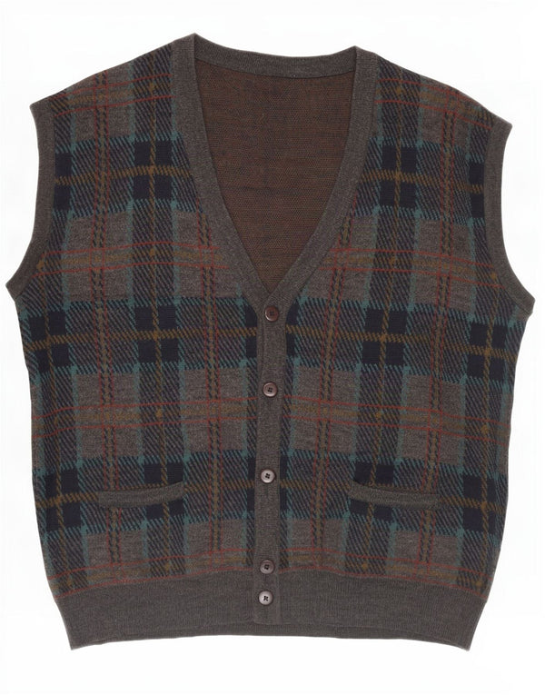 Maglione cardigan senza maniche vintage da uomo IT 54 XL lana a quadri grigia