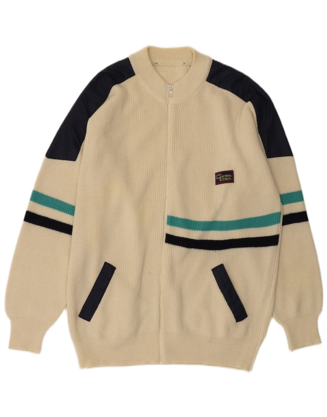 Maglione cardigan da uomo vintage color block bianco sporco medio