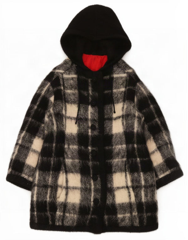 Cappotto vintage da donna con giacca a vento con cappuccio UK 10 piccoli quadri neri