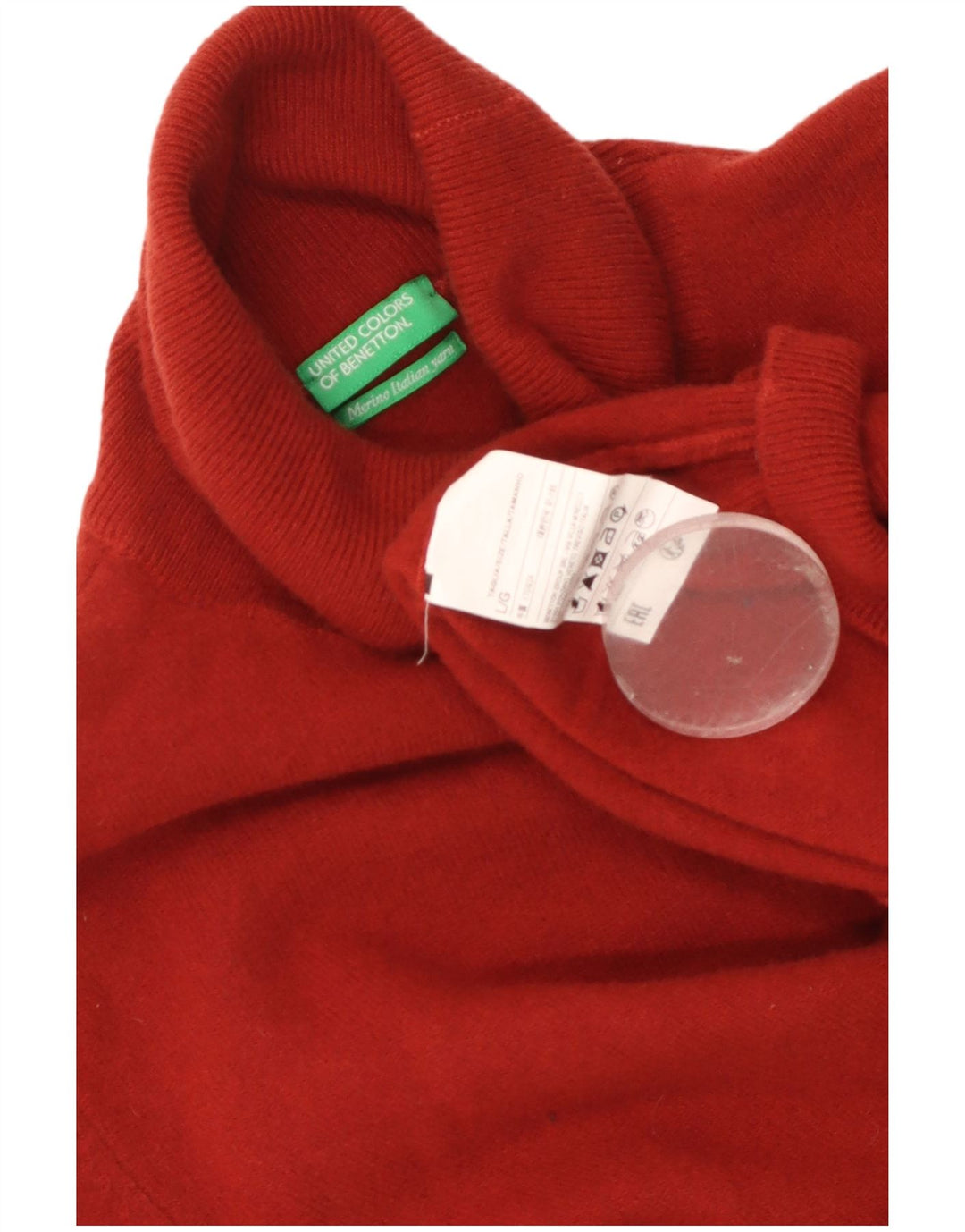 BENETTON Maglione da donna a collo alto con collo alto UK 14 Grande lana vergine rossa