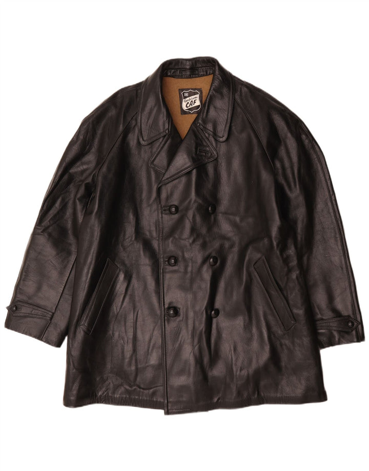 Giacca in pelle doppiopetto vintage da uomo IT 58 4XL Nera