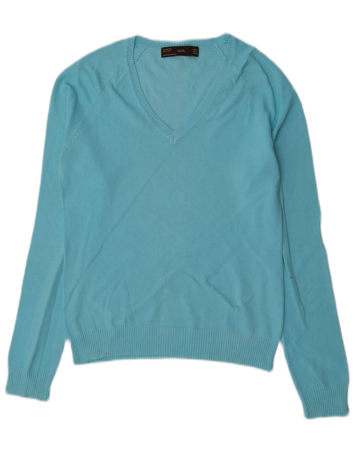 Maglione da donna con scollo a V Zara UK 12 Cotone blu medio