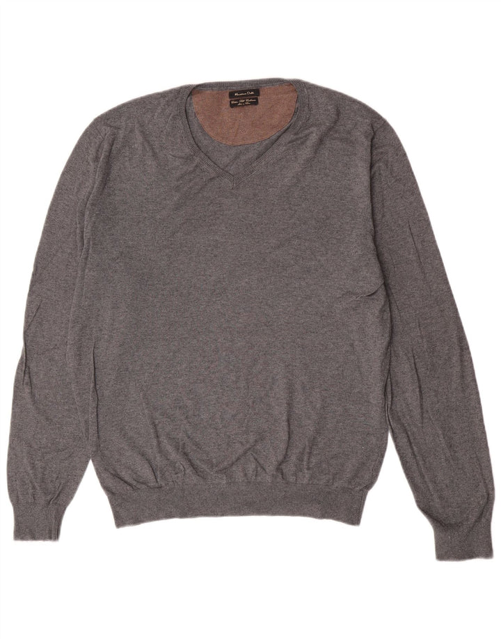 Massimo Dutti Maglione da uomo con scollo a V grande classico in cotone grigio