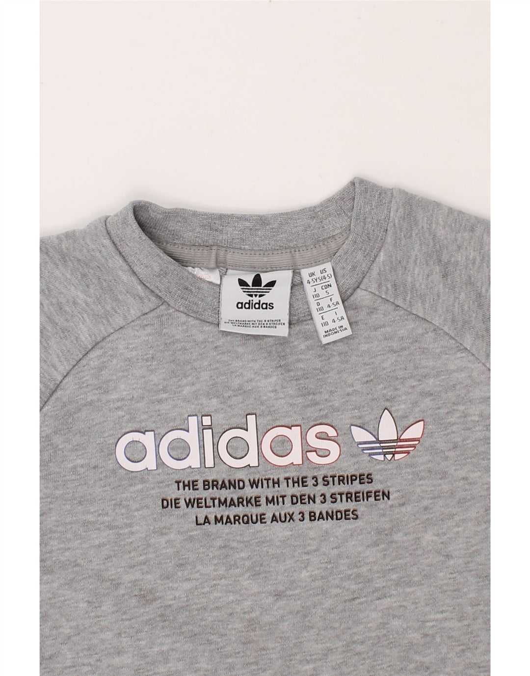 ADIDAS Boys Graphic Sweatshirt Jumper 4-5 Years Grey Cotton Vintage Adidas and Second-Hand Adidas from Messina Hembry 