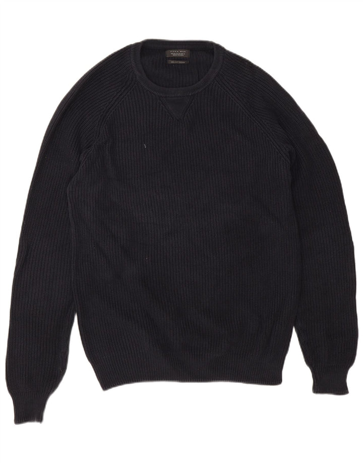 Maglione maglione girocollo da uomo Zara in cotone blu navy medio