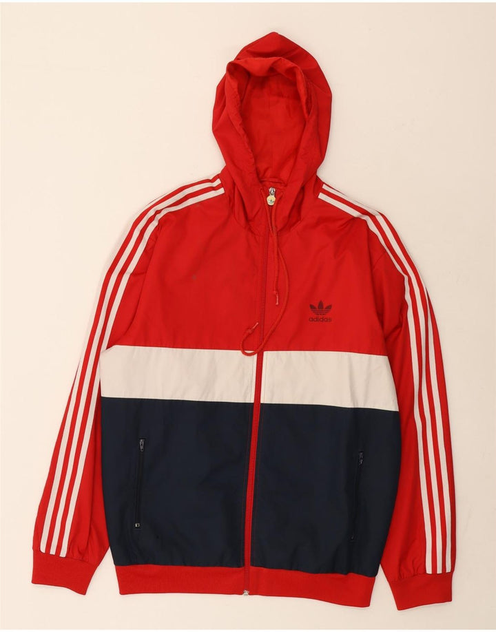 Giacca da ginnastica da uomo con cappuccio Adidas, giacca in poliestere color block rosso medio