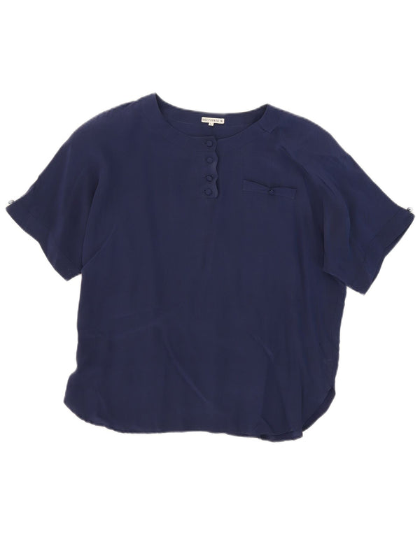 Top vintage da donna trasparente in camicetta UK 16 grande seta blu navy