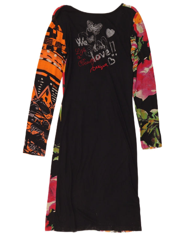 Desigual Abito a trapezio da donna a maniche lunghe UK 14 Grande viscosa floreale nera