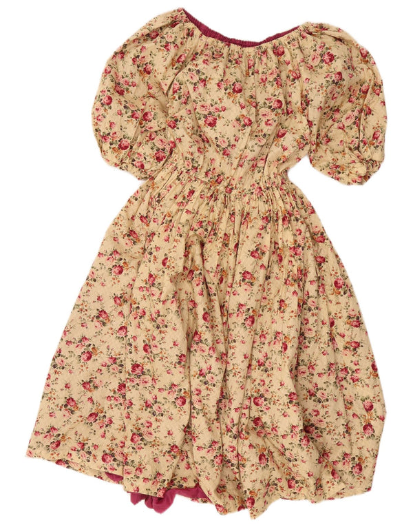 Abito vintage da donna con spalle scoperte UK 14 Grande motivo floreale beige
