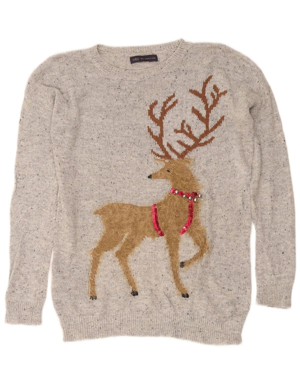 Marks & Spencer Womens Crew Neck Jumper Sweater UK 16 Large Grey Christmas