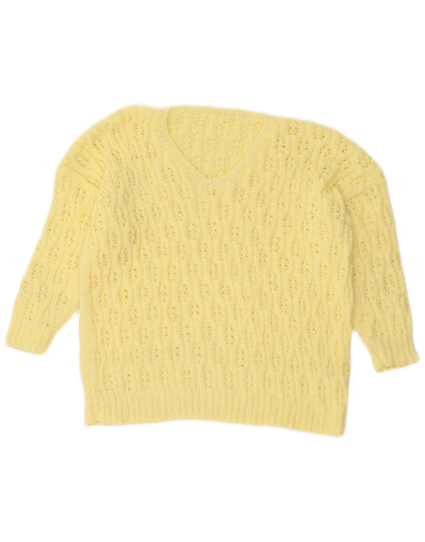 Maglione vintage da donna con scollo a V e maniche a 3/4 UK 16 grande giallo