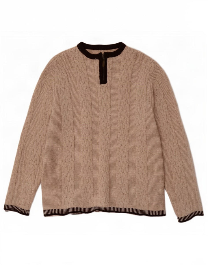 Maglione vintage da uomo con zip e collo in lana color block beige grande