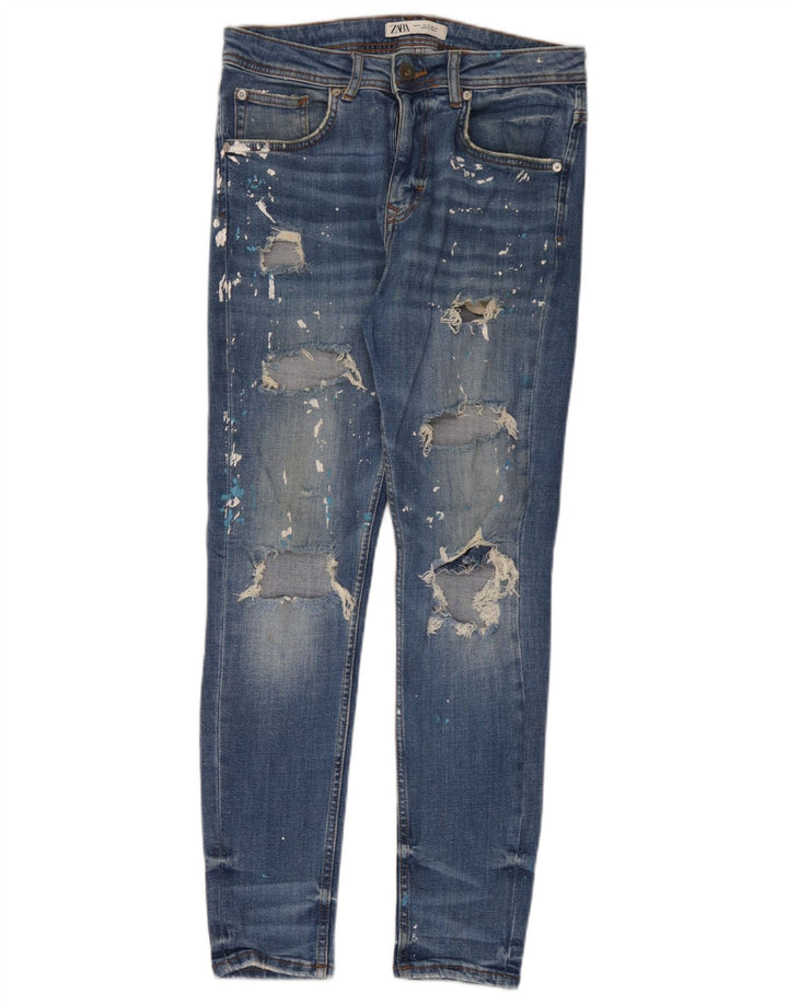 Jeans slim invecchiati da uomo Zara EU 38 Small W30 L30 cotone blu