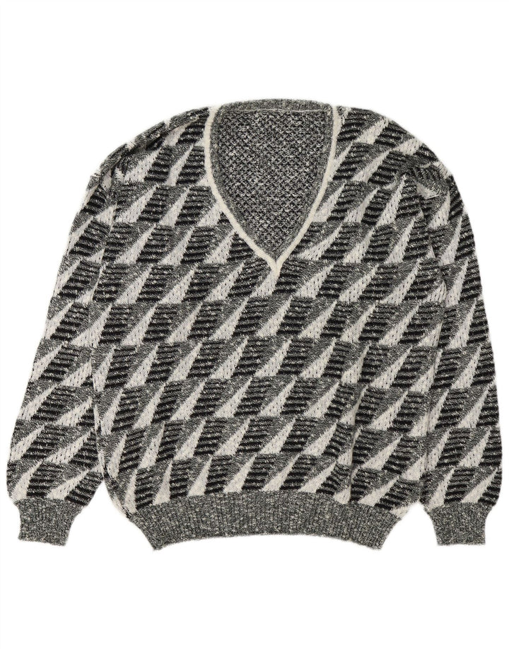 Maglione vintage da uomo con scollo a V grande grigio geometrico