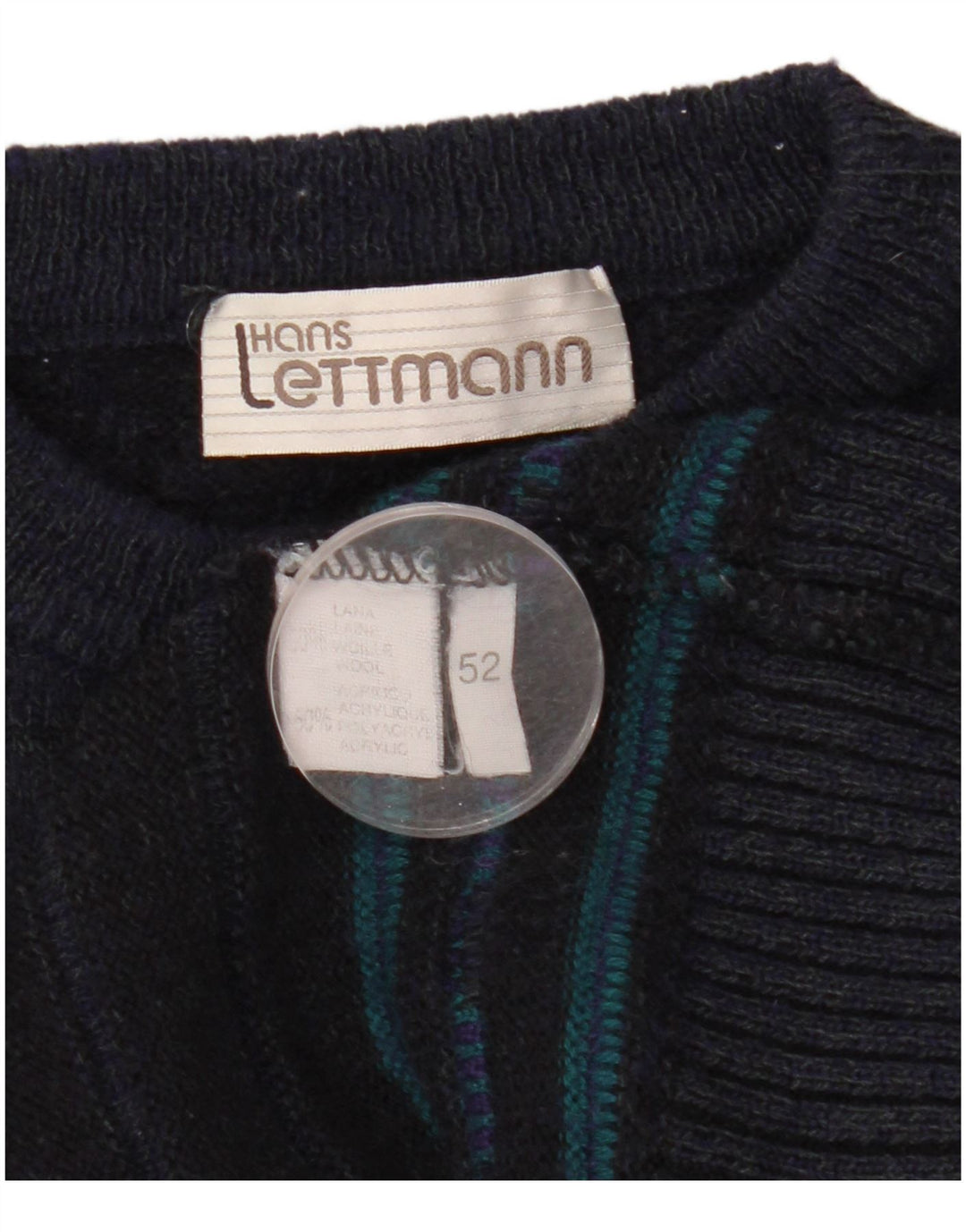 Maglione vintage da uomo girocollo IT 52 grande lana geometrica blu navy