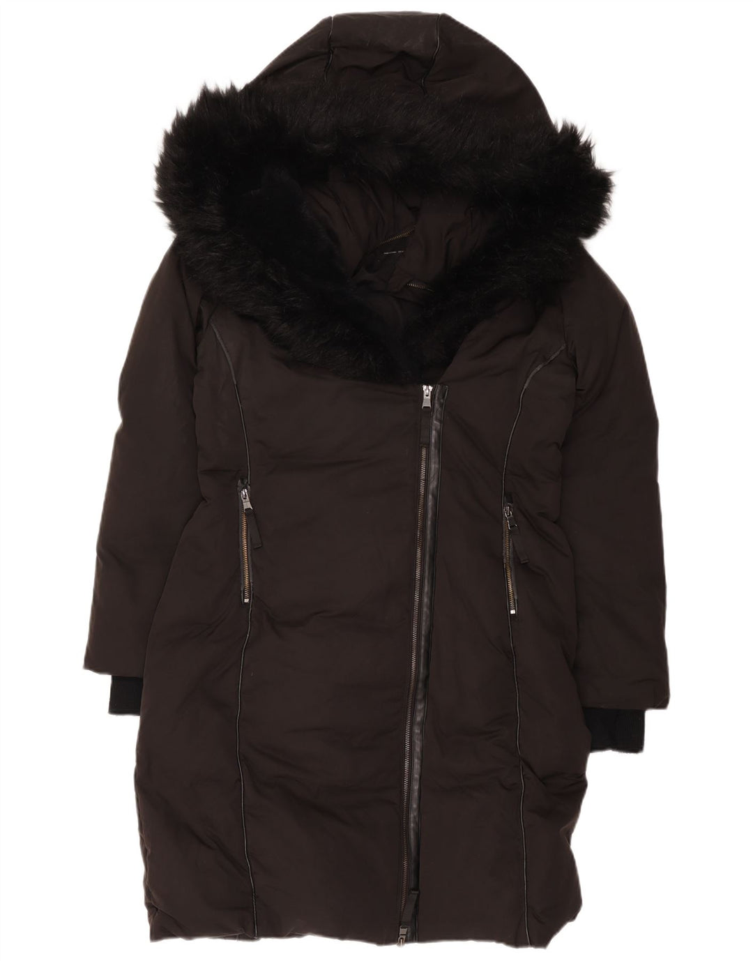 Cappotto imbottito con cappuccio da donna Zara UK 14 poliestere nero medio