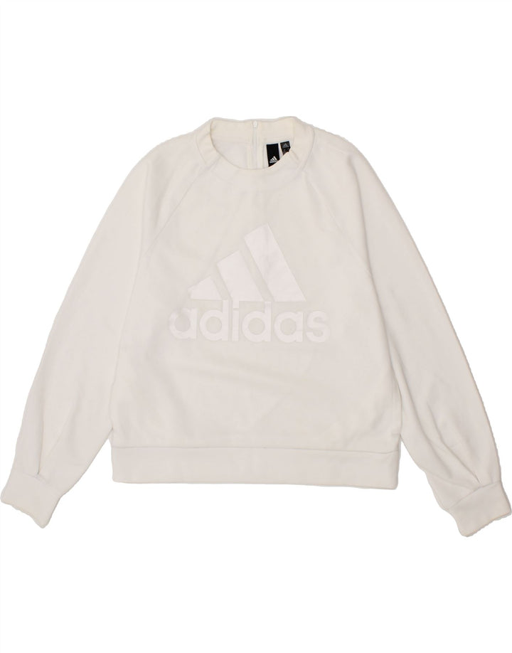ADIDAS Womens Graphic Sweatshirt Jumper UK 8/10 Small White Polyester Vintage Adidas and Second-Hand Adidas from Messina Hembry 