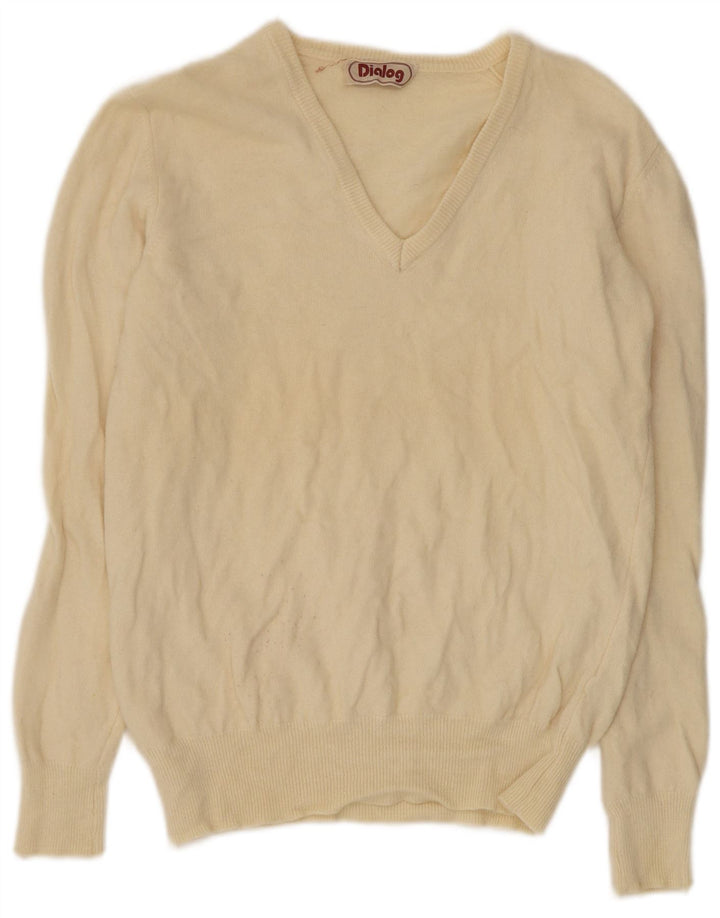 Maglione vintage da donna con scollo a V IT 50 XL Lana beige
