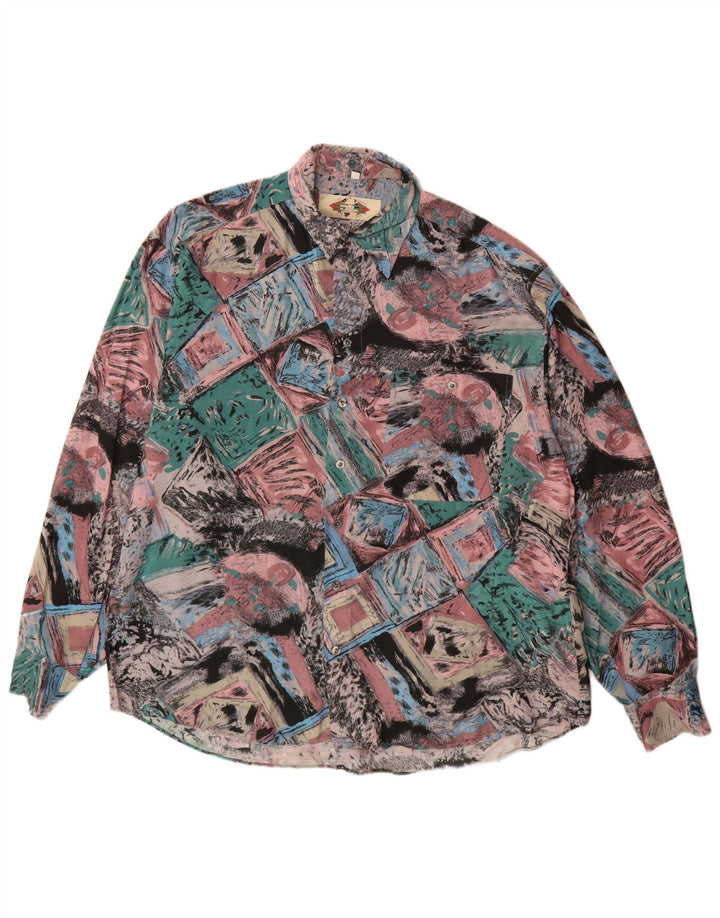 Camicia vintage da uomo con motivo astratto taglia 41/42 grande in viscosa multicolore