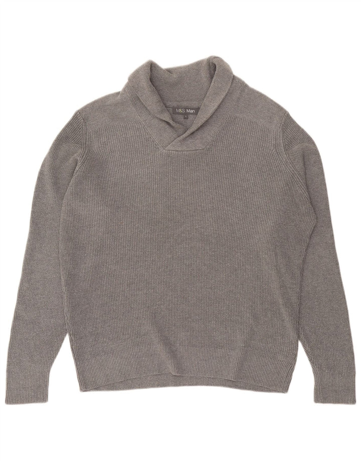 Maglione da uomo Marks & Spencer con collo a scialle, grande cotone grigio