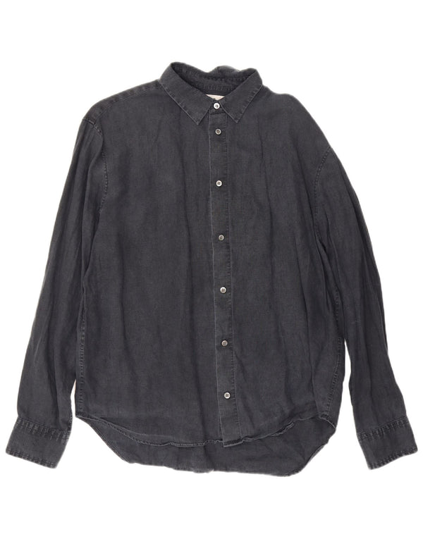 Cos Mens Relaxed Fit Shirt Medium Navy Blue Linen