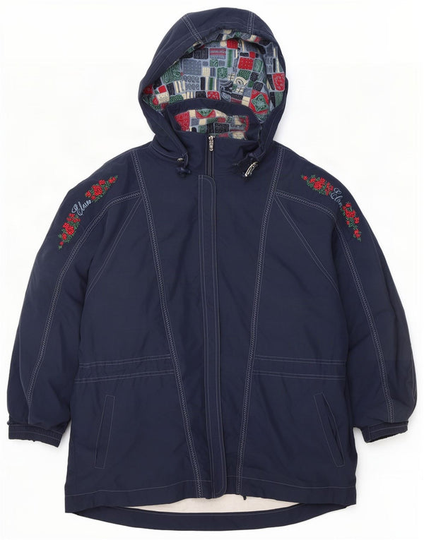 Giacca antipioggia con cappuccio grafica da donna vintage UK 14 grande blu navy floreale