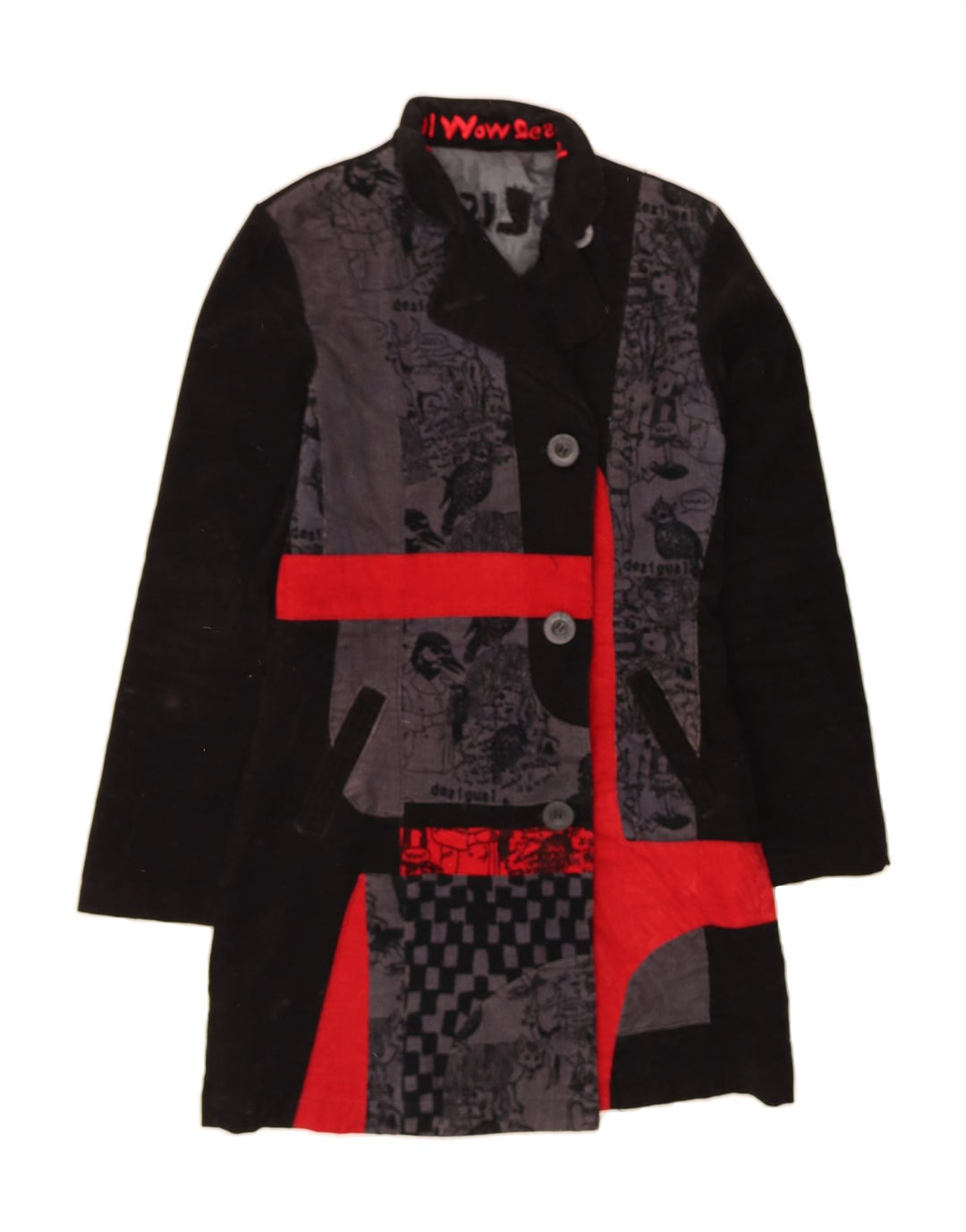 DESIGUAL Womens Graphic Overcoat EU 38 Medium Black Colourblock Cotton Vintage Desigual and Second-Hand Desigual from Messina Hembry 