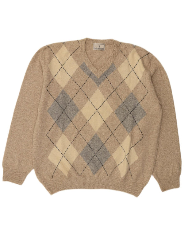 Maglione vintage da uomo con scollo a V 2XL Beige Argyle/Diamond Lambswool