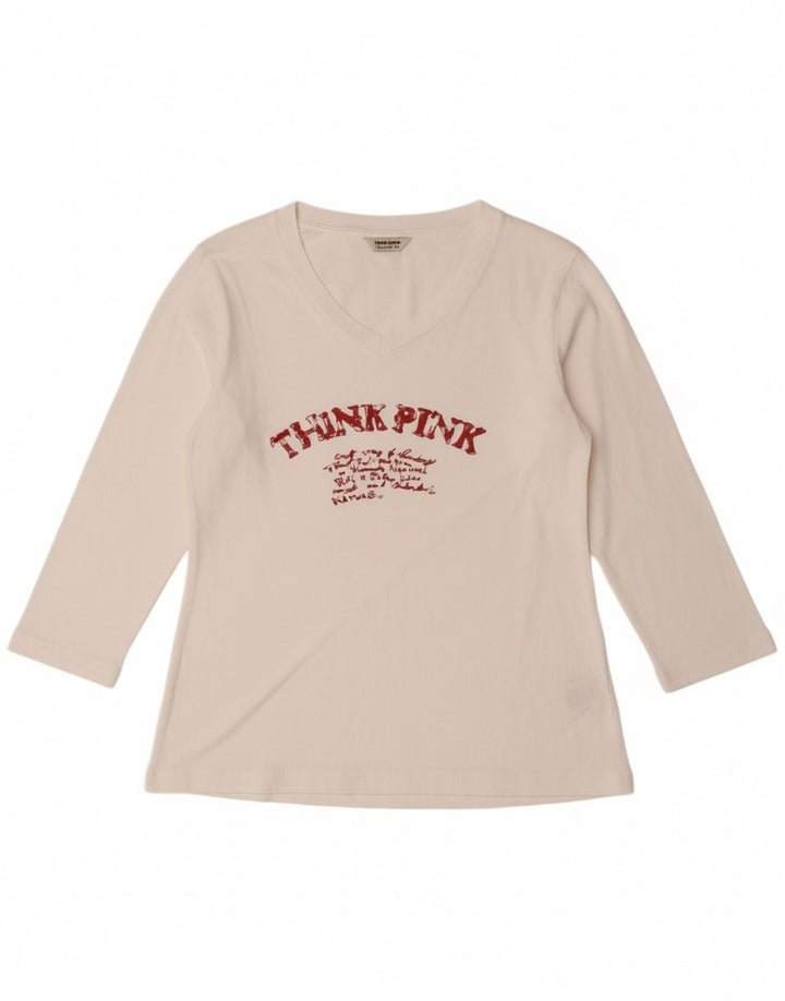 THINK PINK Womens Graphic Top 3/4 Sleeve UK 12 Medium White Cotton