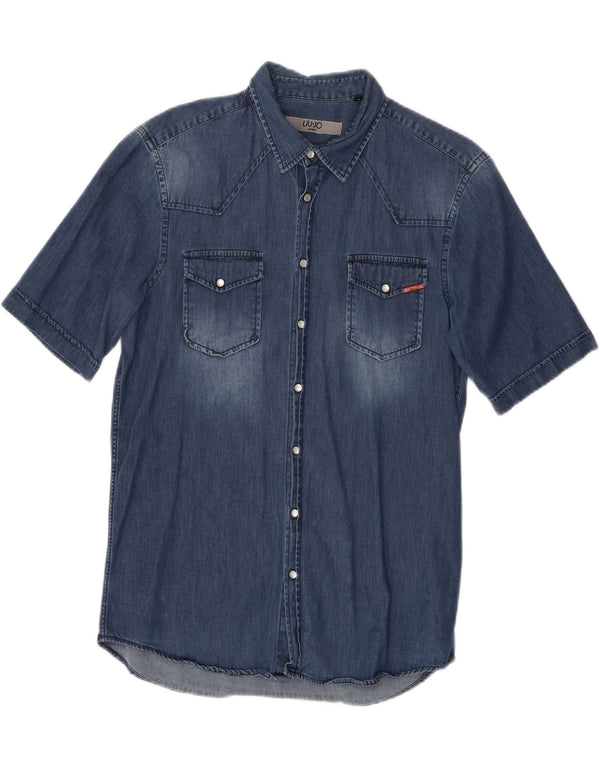 LIU JO Mens Short Sleeve Denim Shirt Large Navy Blue Lyocell