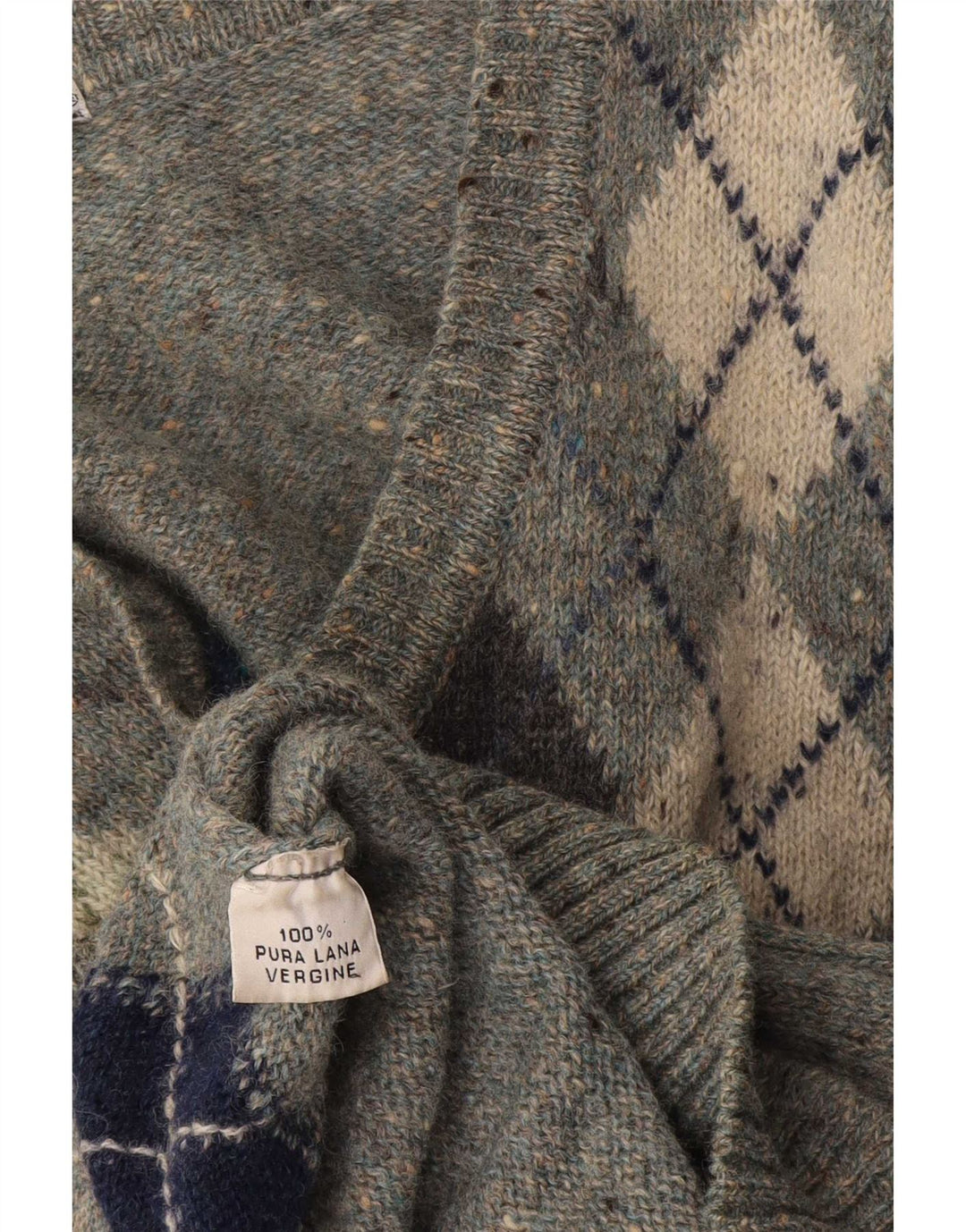 Maglione vintage da uomo con scollo a V in lana vergine grigio medio a rombi/diamanti